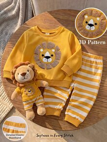 Cozy Pixies Kids Young Boys Casual Comfortable Versatile Cute Cartoon Lion Pattern Crew Neck Sweatshirt & Striped Long Autumn Winter Pants Set - Yellow - View 3
