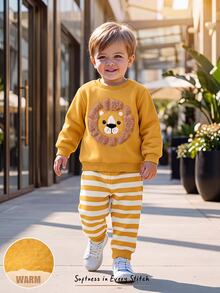 Cozy Pixies Kids Young Boys Casual Comfortable Versatile Cute Cartoon Lion Pattern Crew Neck Sweatshirt & Striped Long Autumn Winter Pants Set - Yellow - View 8