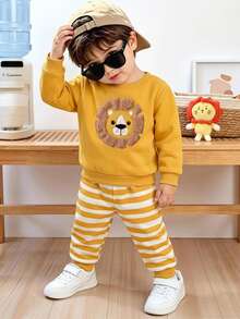 Cozy Pixies Kids Young Boys Casual Comfortable Versatile Cute Cartoon Lion Pattern Crew Neck Sweatshirt & Striped Long Autumn Winter Pants Set - Yellow - View 9