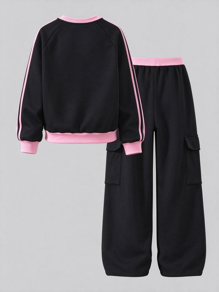 SHEIN Tween Girl Black 2 Piece Tracksuit Pull Fall Study Long Top And Wide Leg Cargo Pants Set Letter Graphic Contrast Stripe Sweatshirts Sports Outfits - Black - View 2