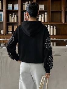 SHEIN EZwear 女款蜘蛛圖案長袖休閒寬鬆連帽衛衣 - 黑色 - 查看 3