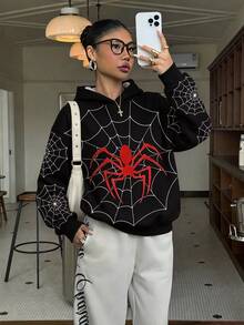 SHEIN EZwear 女款蜘蛛圖案長袖休閒寬鬆連帽衛衣 - 黑色 - 查看 4