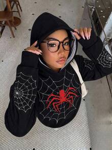 SHEIN EZwear 女款蜘蛛圖案長袖休閒寬鬆連帽衛衣 - 黑色 - 查看 2