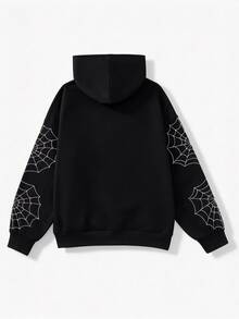 SHEIN EZwear 女款蜘蛛圖案長袖休閒寬鬆連帽衛衣 - 黑色 - 查看 7