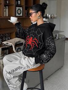 SHEIN EZwear 女款蜘蛛圖案長袖休閒寬鬆連帽衛衣 - 黑色 - 查看 8
