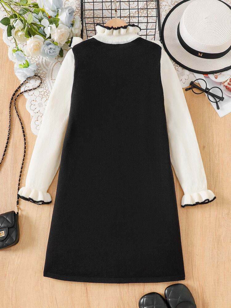 SHEIN Tween Girl Casual Ruffle Bow Contrast Color Dress Autumn Kids - Multicolor - View 9