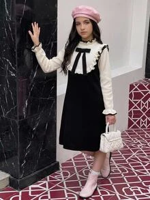 SHEIN 女童休閒荷葉邊蝴蝶結撞色洋裝 秋季兒童款 - 彩色 - 查看 3