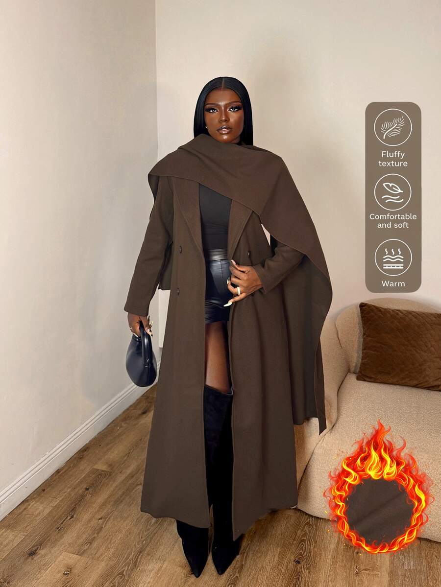 Selianne Autumn/Winter Vintage Mixed Color Oversized Lapel Shawl Collar Overcoat, Commuter Versatile Knee-Length Loose Fit Long Coat - Coffee Brown - View 1