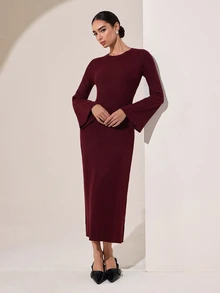 Graceveil Women's Round Neck Long Sleeve Slim Fit Flattering Autumn/Winter Sweater Dress Thanksgiving Brunch Dinner Burgundy Elegant Minimalist - Burgundy - View 6