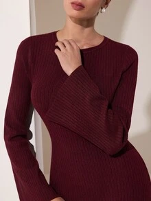 Graceveil Women's Round Neck Long Sleeve Slim Fit Flattering Autumn/Winter Sweater Dress Thanksgiving Brunch Dinner Burgundy Elegant Minimalist - Burgundy - View 8