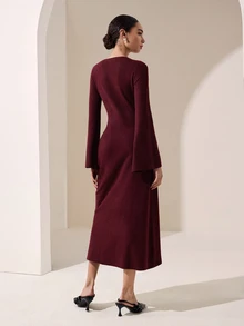 Graceveil Women's Round Neck Long Sleeve Slim Fit Flattering Autumn/Winter Sweater Dress Thanksgiving Brunch Dinner Burgundy Elegant Minimalist - Burgundy - View 3