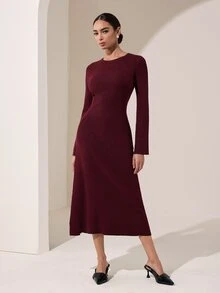Graceveil Women's Round Neck Long Sleeve Slim Fit Flattering Autumn/Winter Sweater Dress Thanksgiving Brunch Dinner Burgundy Elegant Minimalist - Burgundy - View 5