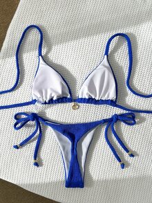 SHEIN Swim Women's Jacquard Fabric Halter Metal Decor Sexy Bikini Set, Summer - Blue - View 4