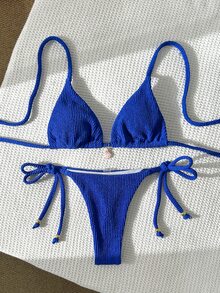 SHEIN Swim Women's Jacquard Fabric Halter Metal Decor Sexy Bikini Set, Summer - Blue - View 2