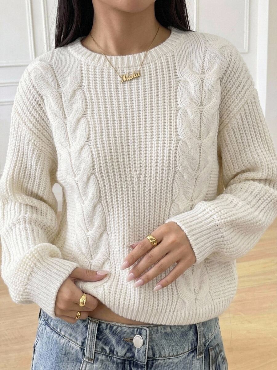 SHEIN 青少年女孩簡約保暖內裡加厚休閒日常毛衣 秋季 - 白色 - 查看 1