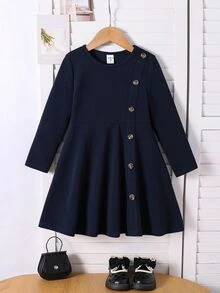SHEIN 女童优雅休闲圆领套头开衩中长连衣裙，适合上学、日常休闲穿着，秋冬季女童生日、母女装、万圣节、返校季等场合。女童藏蓝色连衣裙，女童藏蓝色连衣裙，女童长袖连衣裙，女童纽扣连衣裙，女童藏蓝色连衣裙，女童藏蓝色纽扣连衣裙，女童深蓝色连衣裙，藏蓝色连衣裙，藏蓝色连衣裙，女童纽扣连衣裙，女童纽扣连衣裙，女童藏蓝色纽扣连衣裙 - 寶藍色 - 查看 4