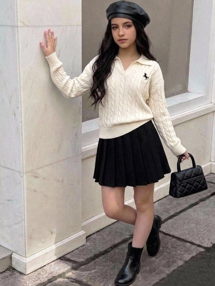 Kids Tween Girl Tween Girls Round Neck Sweater And Solid Black Pleated Autumn Skirt 2 Pieces Set - Black and White - View 1