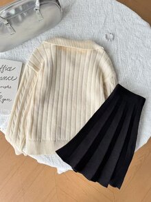 Kids Tween Girl Tween Girls Round Neck Sweater And Solid Black Pleated Autumn Skirt 2 Pieces Set - Black and White - View 4