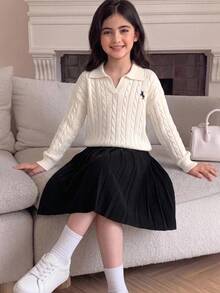 Kids Tween Girl Tween Girls Round Neck Sweater And Solid Black Pleated Autumn Skirt 2 Pieces Set - Black and White - View 3