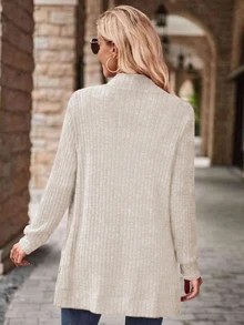 SHEIN LUNE Conjunto de mujer con cárdigan acanalado con cepillado y bolsillos laterales, y shorts - Albaricoque - Ver 2