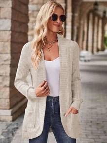 SHEIN LUNE Conjunto de mujer con cárdigan acanalado con cepillado y bolsillos laterales, y shorts - Albaricoque - Ver 4
