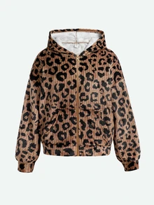 SHEIN Tween女孩休閒棕色豹紋抓絨連帽外套大衣 秋冬返校大學風 - 棕色 - 查看 3