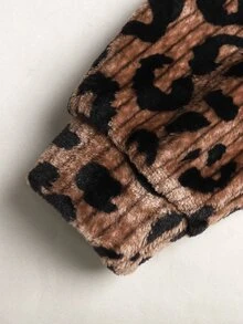 SHEIN Tween女孩休閒棕色豹紋抓絨連帽外套大衣 秋冬返校大學風 - 棕色 - 查看 7