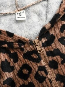 SHEIN Tween女孩休閒棕色豹紋抓絨連帽外套大衣 秋冬返校大學風 - 棕色 - 查看 6