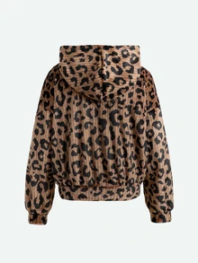 SHEIN Tween女孩休閒棕色豹紋抓絨連帽外套大衣 秋冬返校大學風 - 棕色 - 查看 4