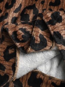 SHEIN Tween女孩休閒棕色豹紋抓絨連帽外套大衣 秋冬返校大學風 - 棕色 - 查看 9