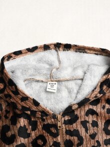 SHEIN Tween女孩休閒棕色豹紋抓絨連帽外套大衣 秋冬返校大學風 - 棕色 - 查看 5