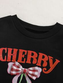 SHEIN Girls' Casual Princess Fairy Fashionable Cherry Print Bow Decor Patchwork Plaid Thermal Lined Dress Birthday,Autunm And Winter,Christmas Party - Black - View 4