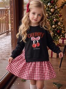 SHEIN Girls' Casual Princess Fairy Fashionable Cherry Print Bow Decor Patchwork Plaid Thermal Lined Dress Birthday,Autunm And Winter,Christmas Party - Black - View 7