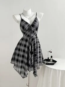 Elamini Women's Casual Classic Plaid Chiffon V-Neck Waist Asymmetrical Hem Dress, Spring/Summer - Multicolor - View 7