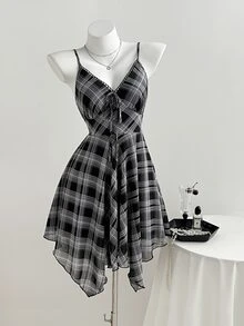 Elamini Women's Casual Classic Plaid Chiffon V-Neck Waist Asymmetrical Hem Dress, Spring/Summer - Multicolor - View 3