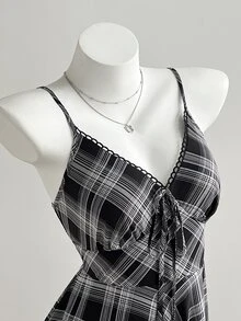 Elamini Women's Casual Classic Plaid Chiffon V-Neck Waist Asymmetrical Hem Dress, Spring/Summer - Multicolor - View 4