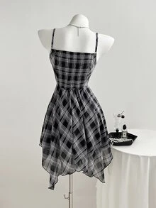 Elamini Women's Casual Classic Plaid Chiffon V-Neck Waist Asymmetrical Hem Dress, Spring/Summer - Multicolor - View 2