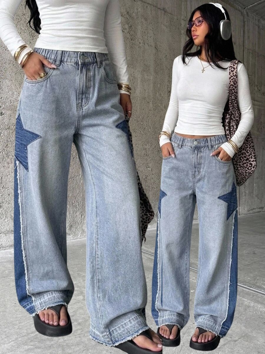 Tween Girl Y2K Grunge Punk Style Loose Fit Star Patchwork Colorblock Wide Leg Jeans, School, Streetwear Autumn Winter - Medium Wash - View 1