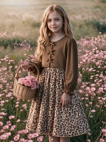SHEIN Tween Girls 2pcs Outfit Ribbed Knit Bow Cardigan And Floral Cami Dress Set Photoshoot Vacation Brown Beige Fall Family Matching Tropical Formal Cute - Multicolor - View 6