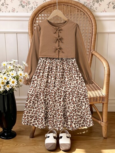 SHEIN Tween Girls 2pcs Outfit Ribbed Knit Bow Cardigan And Floral Cami Dress Set Photoshoot Vacation Brown Beige Fall Family Matching Tropical Formal Cute