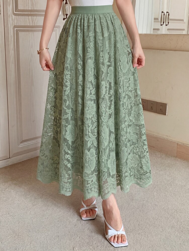 Modelyn Rok Maxi Renda Elegan Warna Hijau Sage untuk Wanita, Rok Musim Panas Pinggang Tinggi Motif Bunga Tenun Model A-Line dengan Hem Mengembang untuk Pesta Teh, Pakaian Liburan Kasual - Hijau - View 5