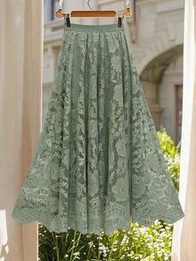 Modelyn 女士绿色编织蕾丝A字浪漫优雅半身裙，春夏款 - 綠色 - 查看 4