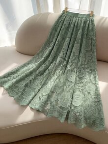 Modelyn 女士绿色编织蕾丝A字浪漫优雅半身裙，春夏款 - 綠色 - 查看 3