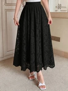Modelyn 彈性腰花卉蕾絲裙，優雅黑色波浪邊A字長裙，適合女性秋季穿著 - 黑色 - 查看 5