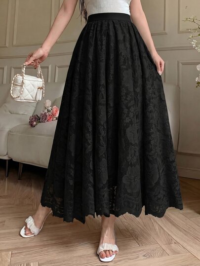 Modelyn Elastic Waist Floral Lace Skirt, Elegant Black Scalloped Hem A Line Long Skirt For Women Fall