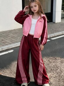 SHEIN 女童拼色休閒可愛運動酷女孩套裝，秋季返校萬聖節運動風，粉色白色酒紅色校外慢跑穿搭 - 彩色 - 查看 4