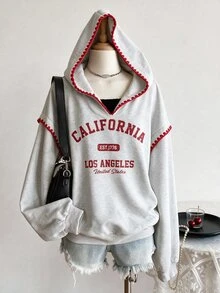 SHEIN Sweetra Young 青少年女孩學院風圖案連帽衛衣，復古對比色鉤編飾邊加州運動衫 - 灰色 - 查看 4