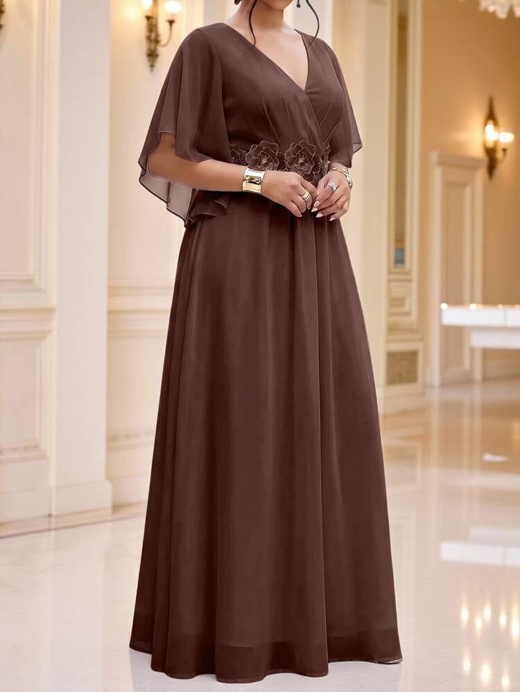 Fleurora Brown Plus Size Lace 3D Floral Spring/Summer Shiny Curve Dress For Wedding/Evening/Formal Banquet/Cocktail/Party/Graduation/Birthday Party Elegant - Brown - View 6