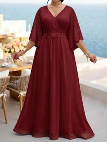 Fleurora Wine Red Plus Size Lace 3D Floral Spring/Summer Shiny Curve Dress For Wedding/Evening/Formal Banquet/Cocktail/Party/Graduation/Birthday Party And Other Formal Occasions Fashion Collection - Burgundy - View 5