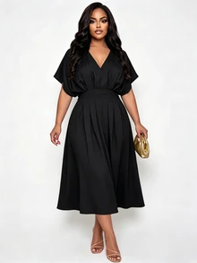 Poshavie Poshavie Plus-Size Women's Casual Elegant Slimming Dress, Stretchy Waist-Cinching Design, Suitable For Everyday Wear. Date Night Party Black - Black - View 4